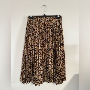 Leopard Print Pleated Shirring Midi Skirt with Elastic Waistband